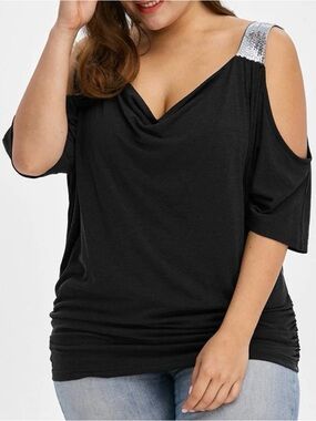 Rosegal dark grey Cold-Shoulder Top with Silver Sequin Strap Detail